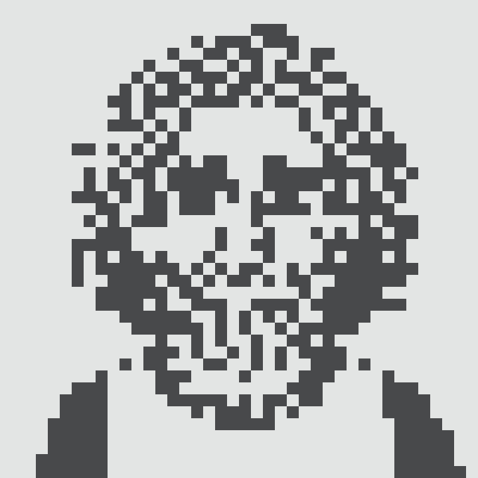 A pixel art portrait depicting a person with curly hair rendered in dark gray and white blocks.