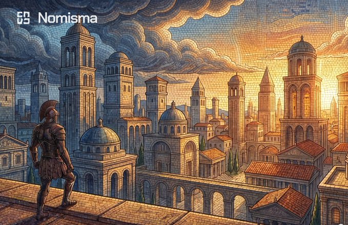 Another mosaic-style artwork branded 'Nomisma', showing a centurion gazing out over an ancient city at sunset, featuring domed basilicas, towers, and terracotta-roofed buildings beneath a dramatic cloudy sky.