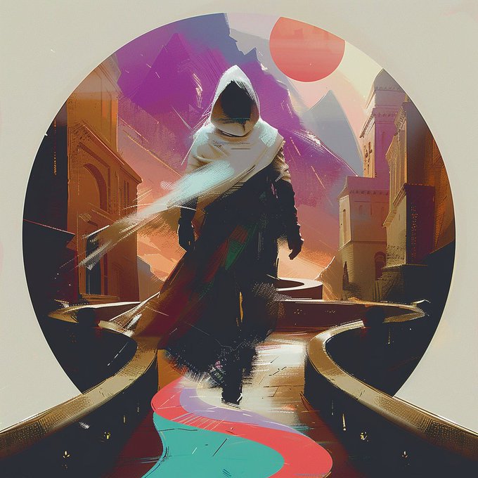 A hooded figure in a white cloak stands on a circular platform against a vibrant, stylized backdrop of mountains and architecture, with a large red sun overhead.