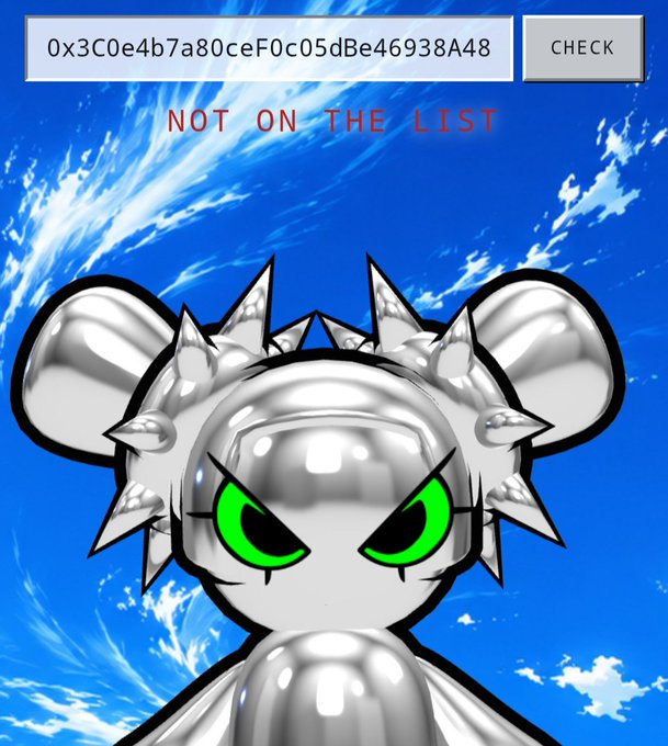 A silver cartoon bear character with green eyes and spiked ears stands against a blue sky background, with a wallet address field at the top displaying "0x3C0e4b7a80ceF0c05dBe46938A48" and a "CHECK" button. Red text reading "NOT ON THE LIST" appears below the address field, humorously illustrating the poster's disappointment about not having a whitelist (WL) spot for the upcoming "GodPull by @betty_nft" launch.
