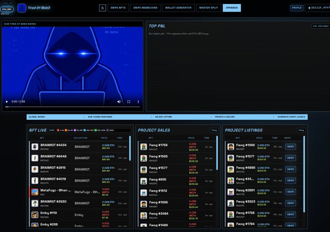 A dashboard interface labeled 'Tired of Web3' displaying NFT Live, Project Sales, and Project Listings tables featuring items like BRAINIOT, MetaFugz, Emby, and Feeg, with various ETH prices and times listed.