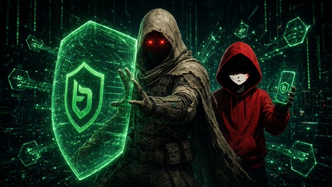 A dark digital art image showing two hooded figures with glowing eyes holding smartphones, standing next to a glowing green digital shield with a 'b' logo.