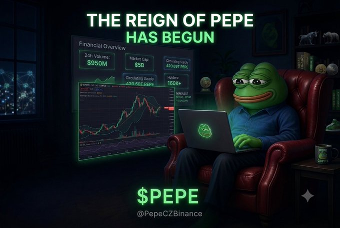 A promotional graphic for the $PEPE cryptocurrency featuring a Pepe the Frog character in a blue shirt working on a laptop, with text 'THE REIGN OF PEPE HAS BEGUN' and a financial overview showing a market cap of $5B and 24h volume of $950M.