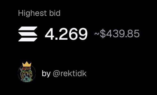 The image shows an NFT auction listing with a highest bid of 4.269 SOL (~$439.85) placed by user @rektidk, who is identified by a crowned profile picture—fitting the "golden bid to kick it off" caption referencing both the crown icon and the competitive opening offer.