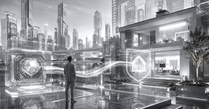 A futuristic black-and-white concept art of a person standing on a rooftop terrace overlooking a sci-fi cityscape, with glowing holographic displays showing geometric shapes and house icons.