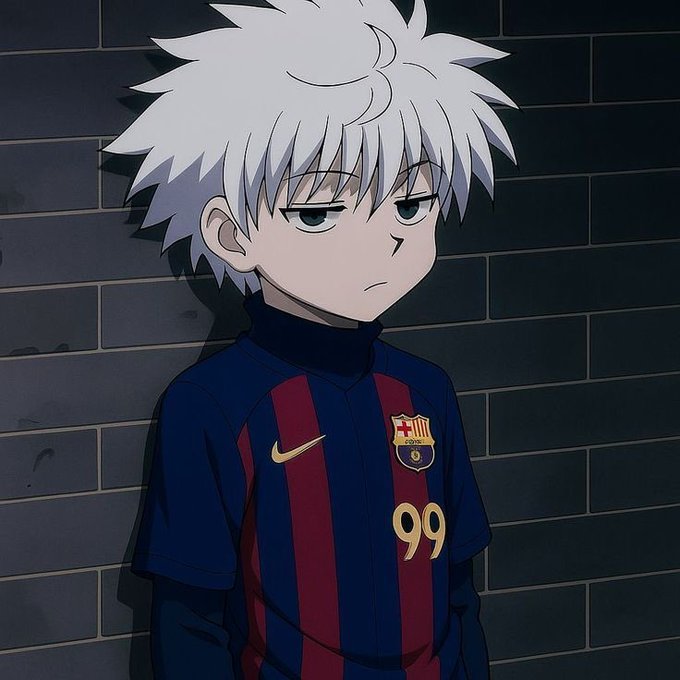 An anime character with spiky white hair and a serious expression stands against a brick wall, wearing an FC Barcelona jersey with the number 99.