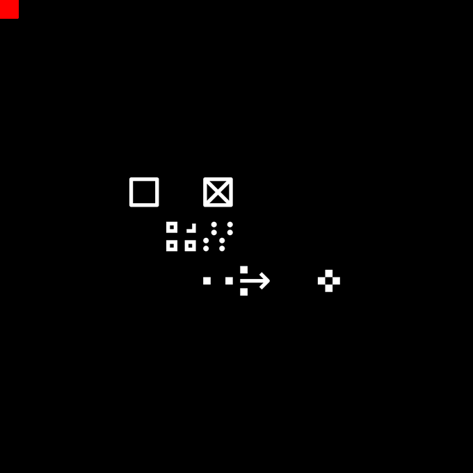 A minimalist black screen displaying various small white geometric shapes including squares, dots, and arrows.