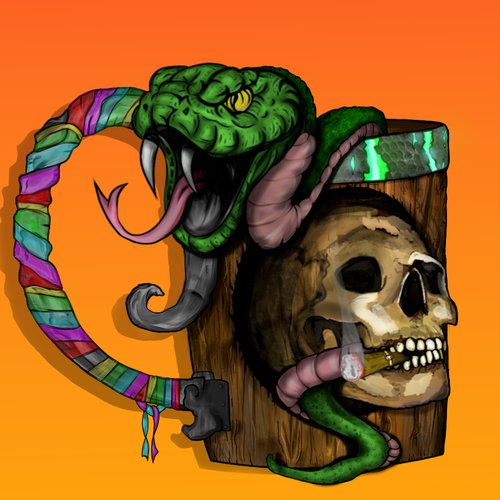 A vibrant illustration features a green snake with a rainbow-striped tail wrapping around a wooden mug emblazoned with a skull, from which the snake smokes a cigar with a "FREE BEER" tag dangling from its body—visually reinforcing the post's message of refusing to sell one's soul (depicted by the skull) for personal gain like free beer.