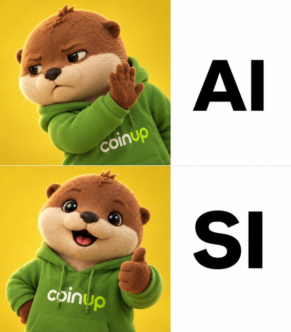 A two-panel comparison meme featuring a mascot in a green 'coinup' hoodie; the top panel shows the otter-like character looking displeased with a raised hand next to 'AI', while the bottom panel shows it smiling and giving a thumbs up next to 'SI'.