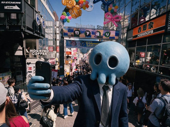 A surreal image of a man in a dark suit taking a selfie on the Takeshita Street in Japan, but his face is replaced with a light blue octopus head.