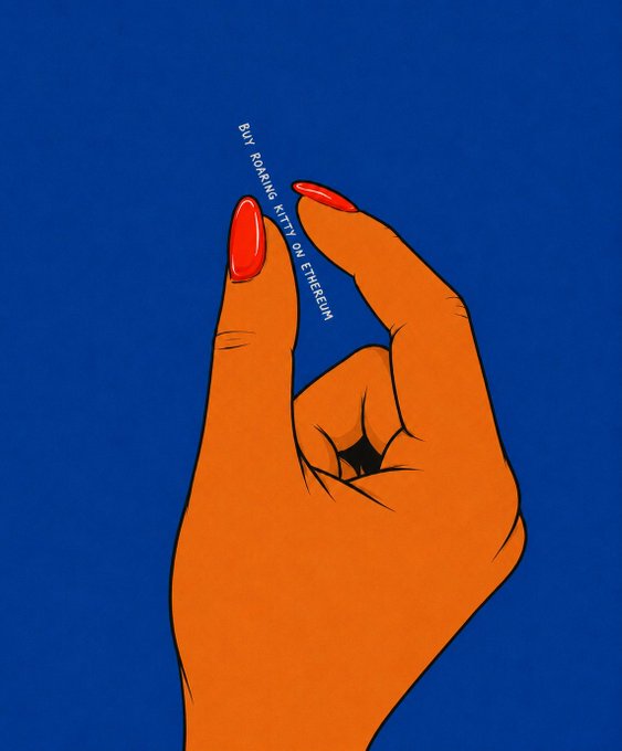 A stylized illustration on a blue background of an orange-toned hand with red fingernails, where the index and thumb are pinching, and the words 'BUY ROARING KITTY ON ETHEREUM' are written in a small arc between the fingers.