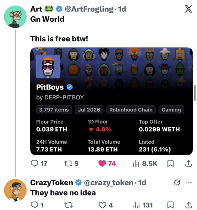 A Twitter/X screenshot showing a post by @ArtFrogling sharing details about the "PitBoys" NFT collection on Robinhood Chain, with a floor price of 0.039 ETH.