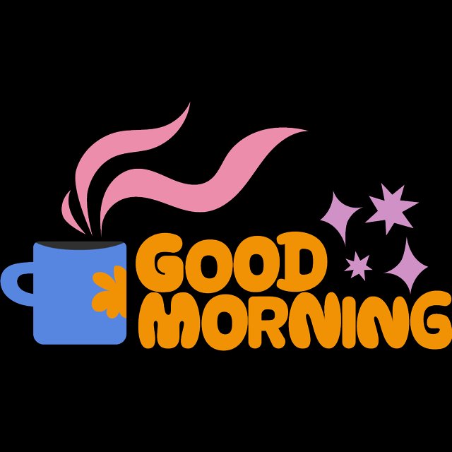 A colorful 'Good Morning' graphic featuring a blue coffee mug with steam and pink star sparkles on a black background.