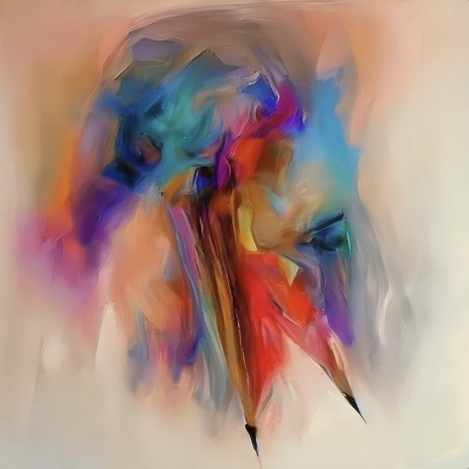 An abstract colorful digital painting featuring vibrant strokes of blue, red, purple, and orange forming a vaguely humanoid figure with elongated legs against a light background.