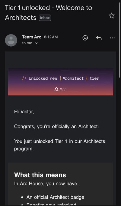 An email screenshot from "Team Arc" with the subject "Tier 1 unlocked - Welcome to Architects," congratulating Victor on joining the Architects program.