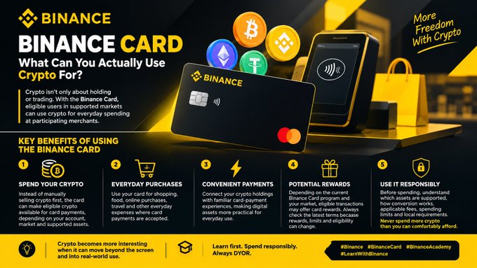 A promotional advertisement for the 'Binance Card' features crypto logos (BTC, ETH, BNB) and a black Mastercard, highlighting key benefits like 'SPEND YOUR CRYPTO' and 'EVERYDAY PURCHASES' with hashtags #Binance #LearnWithBinance.