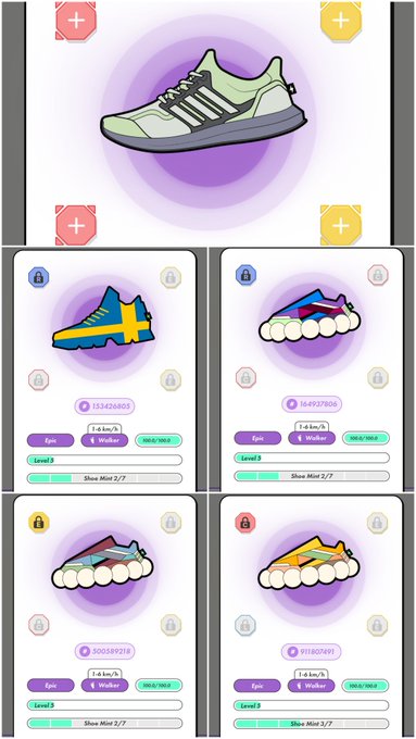 A screenshot of a mobile app called 'STEPN' displays various NFT sneakers at the top, with four locked shoe minting options below showing sync requirements and 'Mint 2/7' progress indicators.