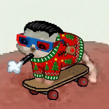 A pixel art rendering shows a guinea pig wearing a Christmas sweater, smoking a pipe, and 3D glasses while riding a skateboard.