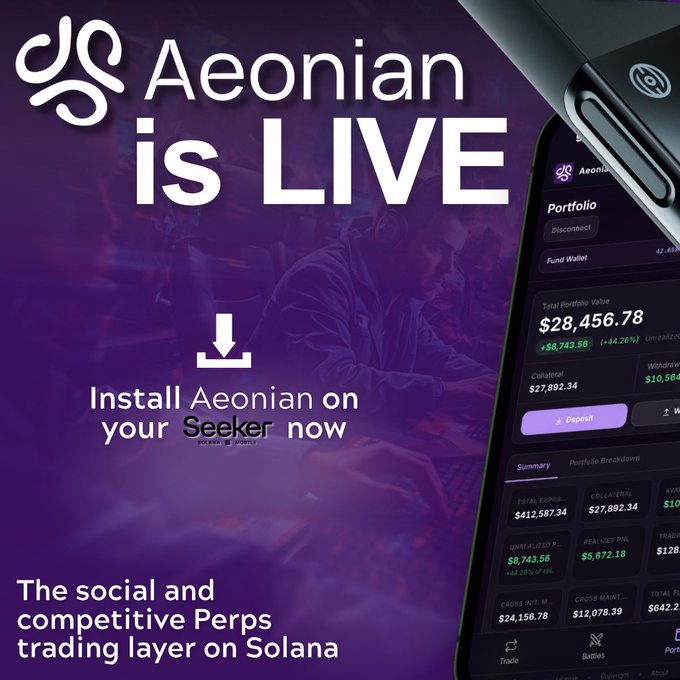 The image features a cell phone with an app called Aeonian, which is displayed on its screen. The background of the image is purple, and there are some text elements related to the app's availability for download at the bottom right corner. The main focus of the image is the cell phone itself, positioned in front of the purple background.