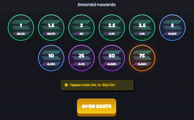This image shows the "Emerald rewards" screen from Rugs.fun, with options to win varying amounts of SOL, from 1 to 75. A successful player has just been tipped 2.000 SOL, unlocking daily crates.