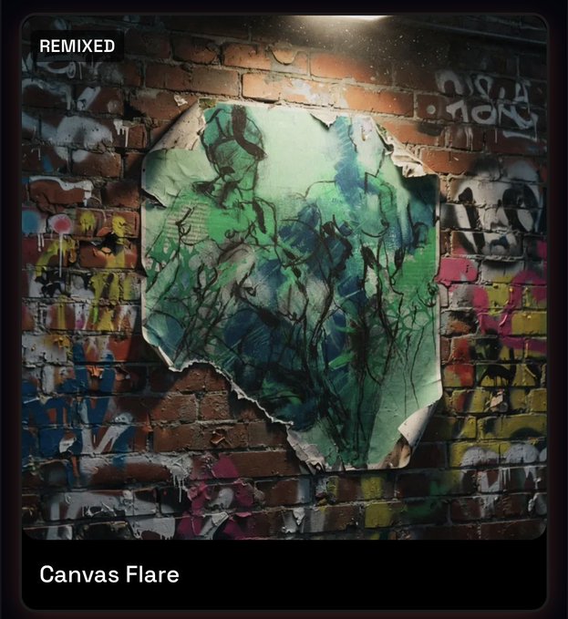 A weathered green painting of two figures is plastered onto a graffiti-covered brick wall, with text reading "REMIXED" in the upper left and "Canvas Flare" at the bottom.