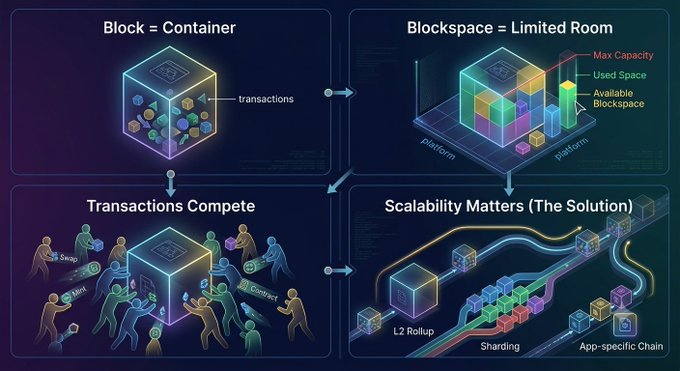 A blockchain infographic explaining scalability concepts with panels labeled 'Block = Container', 'Blockspace = Limited Room', 'Transactions Compete', and 'Scalability Matters (The Solution)', illustrating L2 Rollup, Sharding, and App-specific Chain.