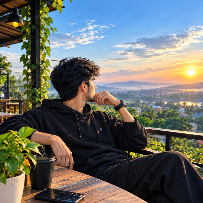 A young man in a black hoodie sits at a wooden table on a balcony at sunset, gazing thoughtfully at the view over a city with a distant lake and mountains.