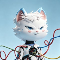 A 3D-rendered white anthropomorphic cat character with blue eyes and blue-tipped ears, wearing a harness with wires, set against a blue background.