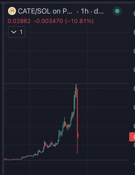 A 1-hour price chart for CATE/SQL on what appears to be a Phantom wallet interface, showing a price of 0.02862 with a -10.81% decline, marked down from 0.03470.