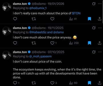 Screenshot of three tweets from @dxmx_ton discussing crypto prices, including replies about $TON, $STON, and stating 'I don't care much about the price' and 'I don't care about the price of the coin.'