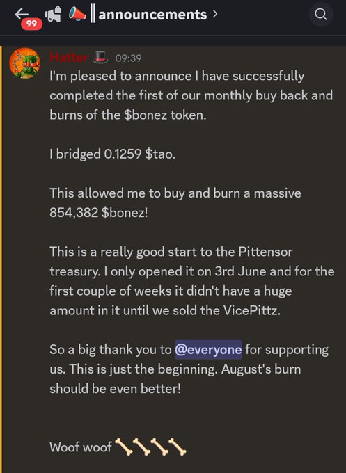 Discord announcement from Hatter in the announcements channel stating they completed the first monthly buy back and burn of the $bonez token, bridging 0.1259 $tao to buy and burn 854,382 $bonez for the Pittensor treasury.