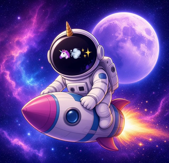 An astronaut with a unicorn helmet decoration rides a pink and white rocket through a vibrant purple galaxy with a large moon in the background.