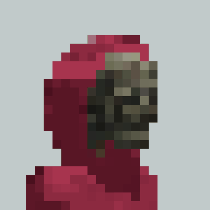 A pixelated portrait of a figure wearing a red hood and a dark visor/goggles against a light background.