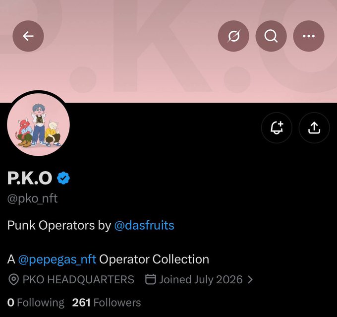 The image shows the X (Twitter) profile page of "P.K.O" (@pko_nft), a verified account with 261 followers that joined in July 2026, featuring anime-style artwork and describing itself as "Punk Operators" by Dasfruits, an Operator Collection for Pepegas NFT—matching the post's announcement of early updates on this collection.