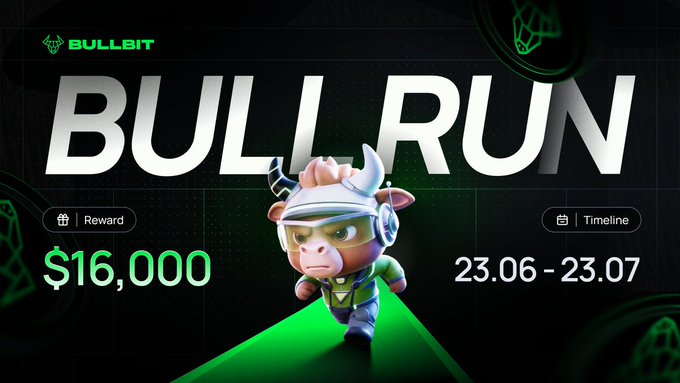 The image shows a cartoon cow wearing headphones and running with a controller in its mouth against a black background. A text overlay in white and green indicates that there will be an event called "Bull Run" happening at Bullbit today, starting on June 23rd, at 2:00 pm. This event includes a prize pool of $16,000 for the first place, where app users can trade and win trading volume rewards. It also offers onboarding bonuses to those who participate but do not win.