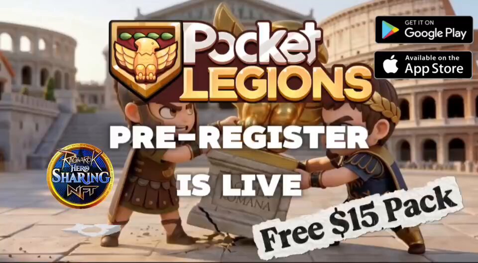 The image features an advertisement for Pocket Legends, a web game that takes place within the context of the Roman Empire. The poster includes a cartoon depiction of two characters, one wearing a helmet and the other holding a shield, standing in front of a building with columns. The text on the poster announces "Pocket Legends: Pre-Register is Live" and provides an app store link for the game.