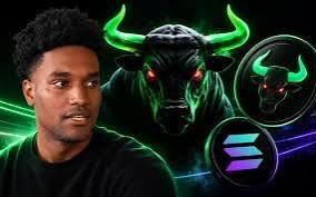 A promotional image featuring a man next to a green bull graphic with red eyes and the Solana logo, likely related to cryptocurrency trading.