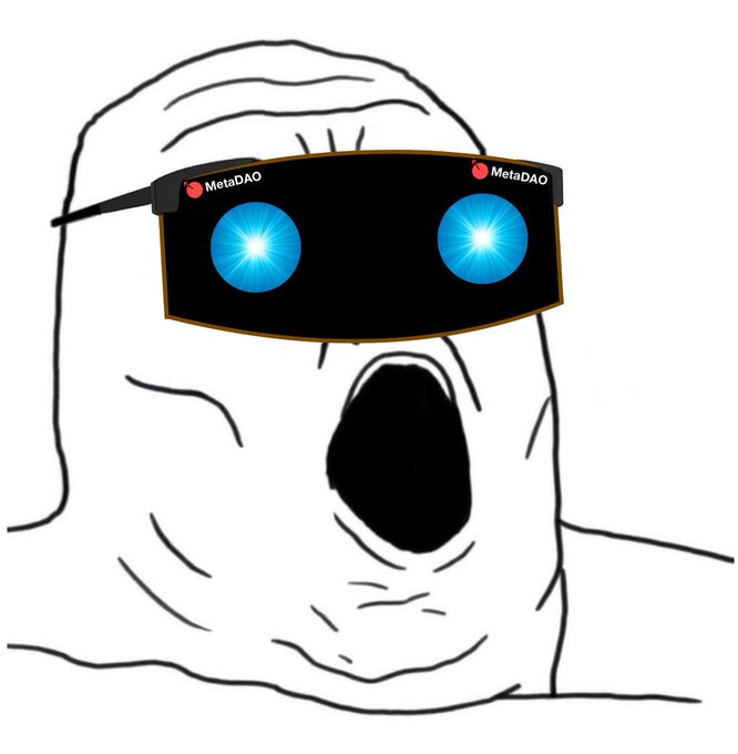 A crudely drawn cartoon character with an open mouth wears oversized sunglasses displaying glowing blue eyes with 'MetaDAO' branding on the frames.