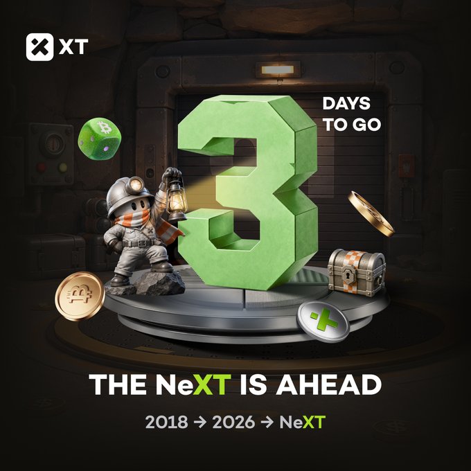A promotional graphic for XT Exchange features a large green "3" with "DAYS TO GO" text, alongside an astronaut mascot holding a lantern, surrounded by Bitcoin coins, a treasure chest, and an XT logo. The caption "THE NeXT IS AHEAD" appears with a timeline showing "2018 → 2026 → NeXT," commemorating XT's upcoming 8th anniversary milestone as mentioned in the post.