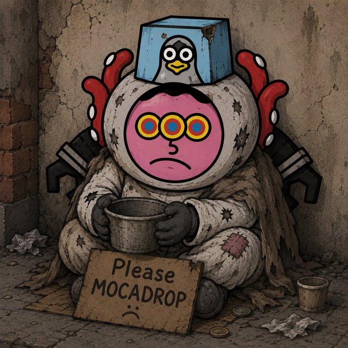 A cartoon illustration of a destitute-looking creature with three eyes, a penguin in a cube on its head, and red crab-like claws, sitting against a cracked wall holding a tin cup next to a cardboard sign that reads 'Please MOCADROP' with a sad face.