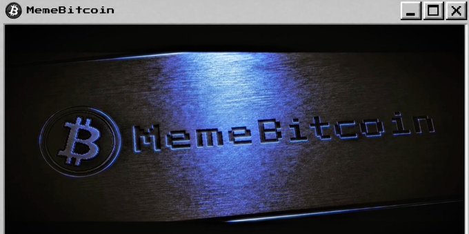 A retro-styled window titled "MemeBitcoin" displays a metallic Bitcoin logo alongside the text "MemeBitcoin" illuminated in blue, representing the MBTC airdrop promotion featured in the accompanying post.