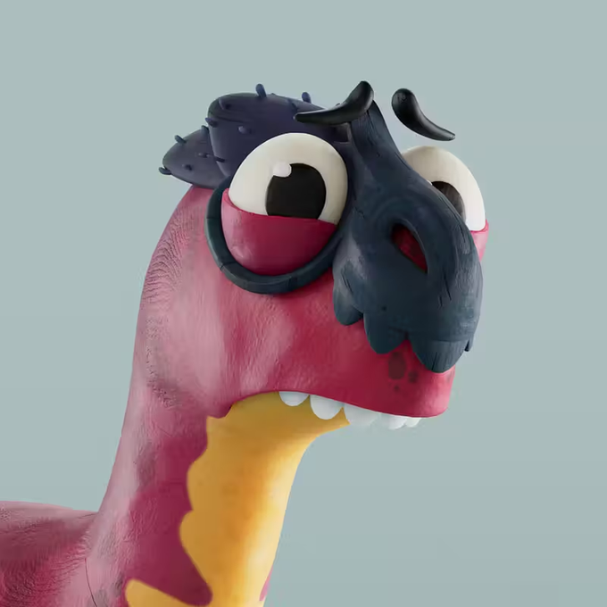 The image features a cartoon dinosaur with pink skin, yellow eyes, and black teeth wearing glasses. The dinosaur appears to be making a funny face or expression as if it's trying to make someone laugh. The caption below the image reads "Another milestone unlocked! last week i finally made a move I probably should’ve made way earlier... but better late than never happy to say i picked up my first @Claynosaurz !!! what got me wasn't just the roadmap but the community and overall vision really stood out."