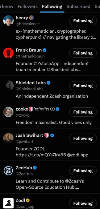 A Twitter/X 'Following' list screenshot showing accounts the user follows, including henry (@hdevidence), Frank Braun (@thefrankbraun), Shielded Labs (@ShieldeLabs), zooko (@zooko), Josh Swihart (@jswihart), ZecHub (@ZecHub), and Zodl (@zodl_app).