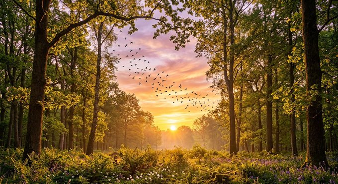 A serene forest at sunrise, with birds soaring through golden skies framed by towering trees and a lush meadow of wildflowers below, perfectly echoing the post's message of joyful beginnings and a hopeful new day.