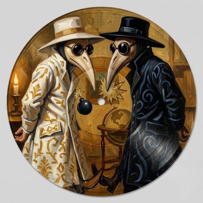 A circular artwork depicting two figures in plague doctor masks and wide-brimmed hats, one in white and gold, the other in black.