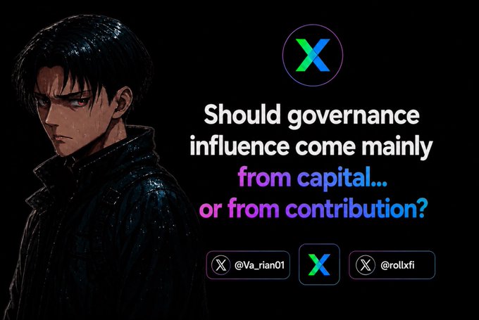 This image features an anime character and text asking, "Should governance influence come mainly from capital... or from contribution?" The RollX logo and social media handles are also visible.