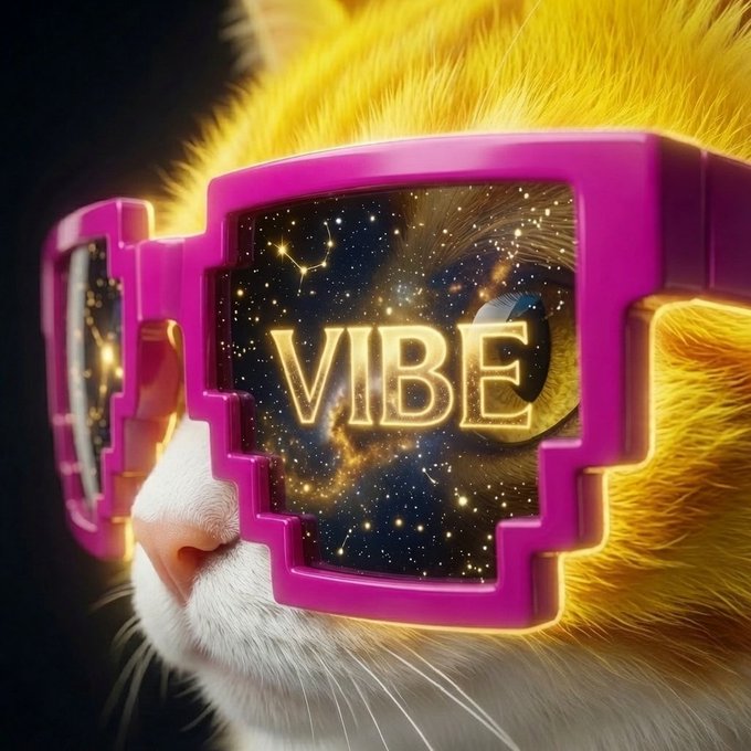 A ginger cat wears oversized magenta pixelated sunglasses with cosmic lenses displaying the golden word "VIBE" against a starry galaxy backdrop, complementing the post's message of stillness and infinite possibility. The eyewear transforms the cat into a cosmic icon, suggesting that inner calm unlocks a vast, glowing inner universe.