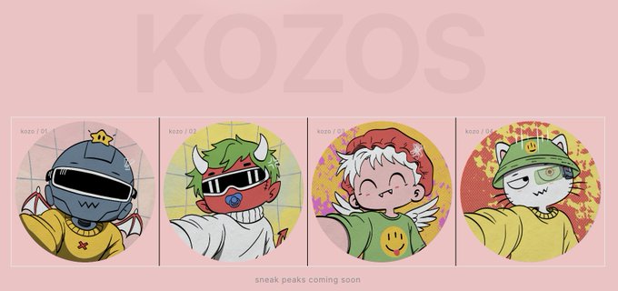 A promotional image for "KOZOS" NFT collection displays four character illustrations labeled "kozo / 01" through "kozo / 04" on a pink background, each featuring unique designs with elements like crowns, horns, and angel wings, accompanied by the text "sneak peeks coming soon." This aligns with the post's excitement about the artwork for @pko_nft, showcasing the characters and inviting followers to pick their favorite.