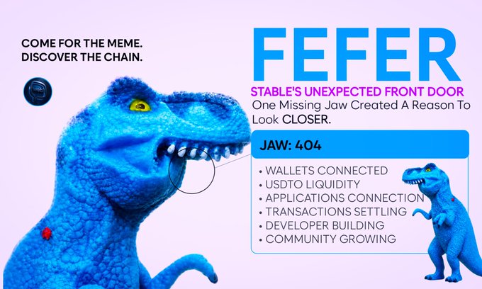A blue dinosaur with a missing jaw appears next to text reading "FEFER - STABLE'S UNEXPECTED FRONT DOOR" with a "JAW: 404" error message and bullet points listing "Wallets Connected, USDT Liquidity, Applications Connection, Transactions Settling, Developer Building, Community Growing," tying into the post's description of how a visual quirk sparks curiosity about the blockchain.