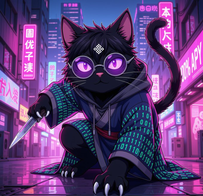 A digital art illustration of a black cat character wearing purple sunglasses and a hoodie covered in green binary code, holding a knife in a neon-lit cyberpunk city setting with Japanese signage.